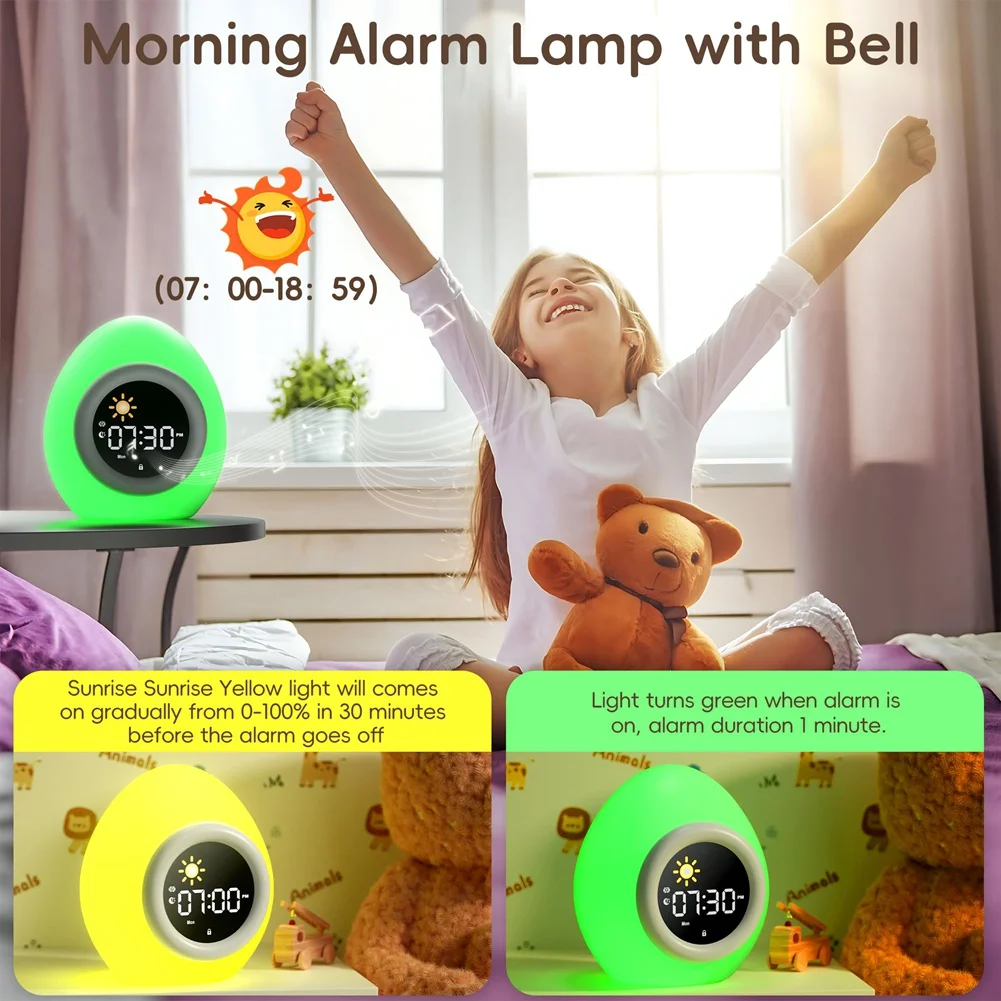 Alarm Clock for Kids Toddlers, Cute Touch Night Light with 6 White Noise Sound Machine, Ok to Wake Clock for KidsJADD