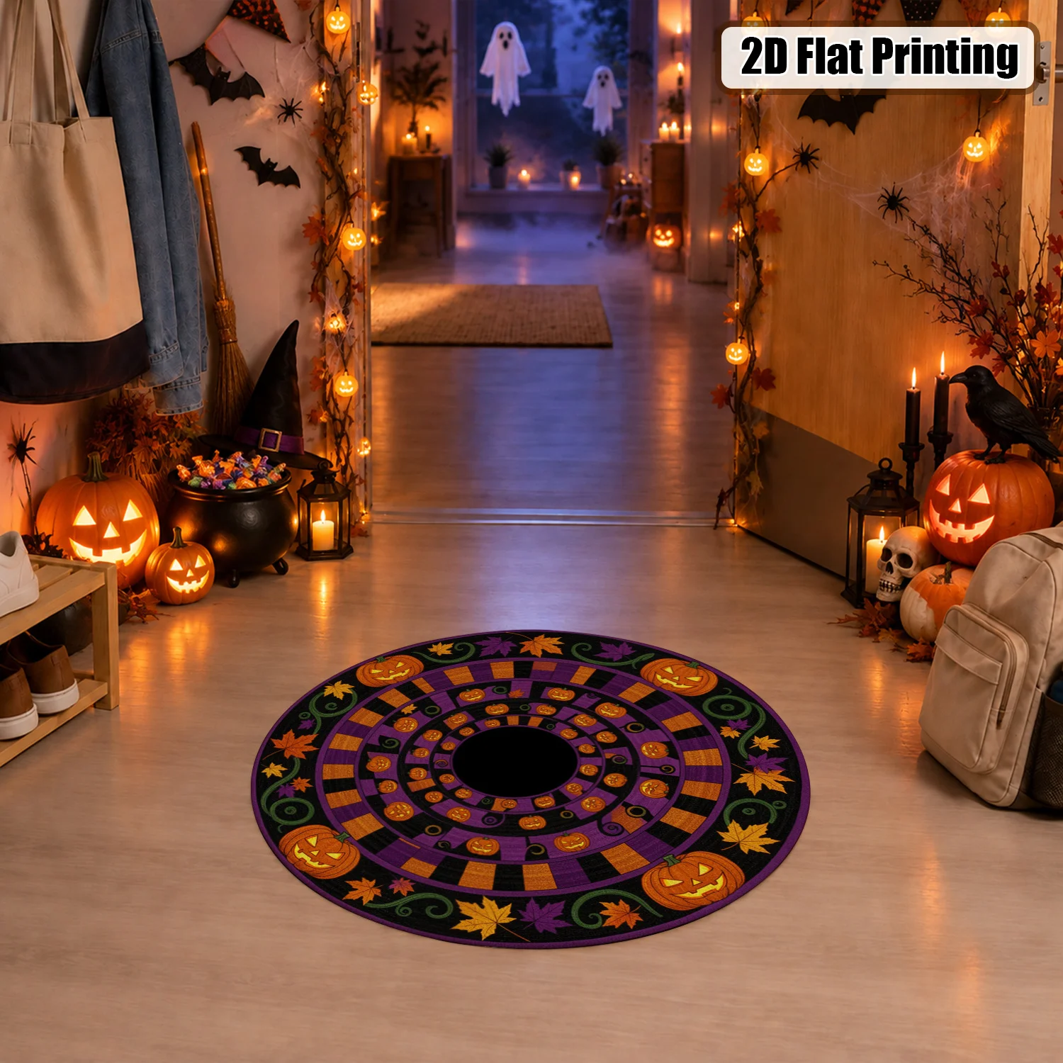 Jack O' Lantern Pumpkin Maple Leaf Circular Pattern Velvet Tree Skirt Machine Washable for Living Room Holiday Gathering Entryway Dining Area Halloween Thanksgiving Christmas New Year Black Friday Cyber Monday