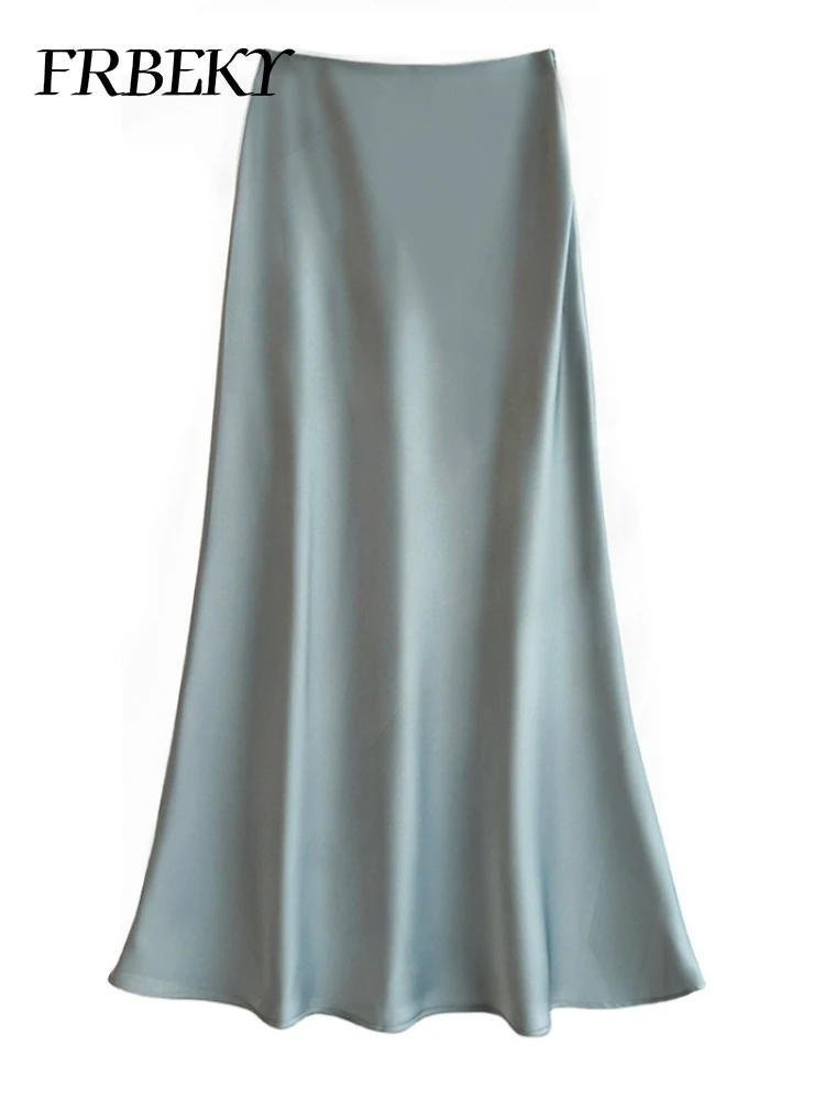 Falda larga de medio cuerpo de satén para mujer, cintura alta, sección delgada, paquete de Color puro, cola de pez a la cadera, nueva