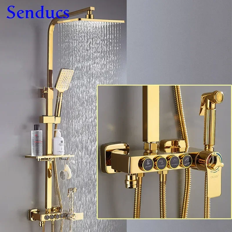 

Bathroom Shower Set Square Gold Thermostatic Bath Shower System Square Brass Bathroom Faucet Gold Digital Shower Sets