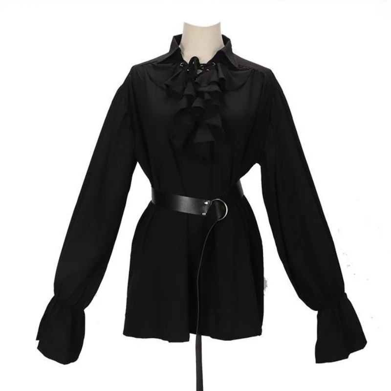 Y2k フレンチエレガントハイエンドスリムヴィンテージロリータゴシックフレアスリーブ女性タキシードシャツ 2000 年代秋ピュアカラーブラウスシック