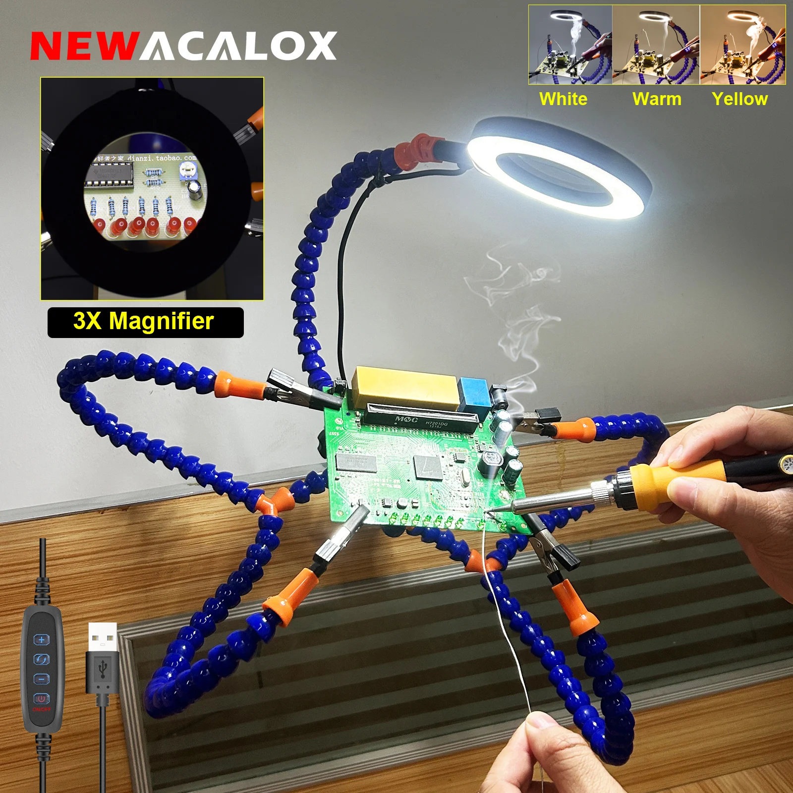 NEWACALOX Table Clamp Soldering Helping Hands Third Hand Tool Soldering Station USB 3X Illuminated Magnifier Welding Repair Tool