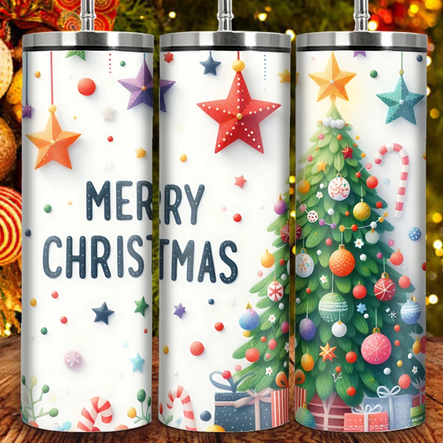 1Pc Christmas Water Bottle Straw Lid 20oz Large Capacity Stainless 3D Print Xmas Tree & Letter Coffee Mug Family Party Supplies