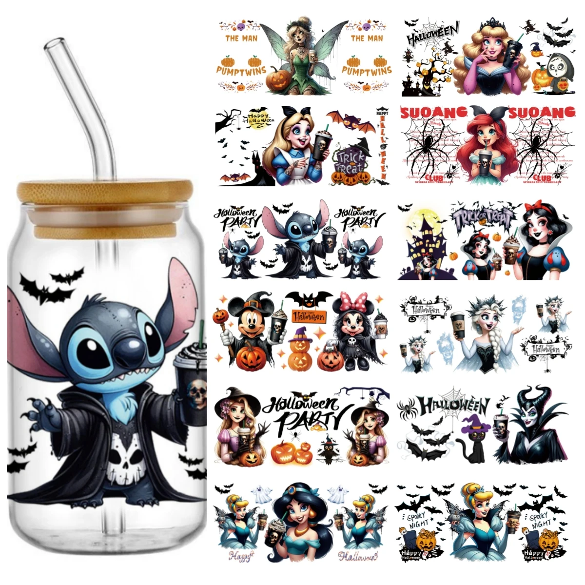 Miniso Halloween Stitch Mixed Cartoon Pattern Transfer Stickers Waterproof UV DTF Cup Wraps 3D Wrap Decal For 16oz Libbey Glass