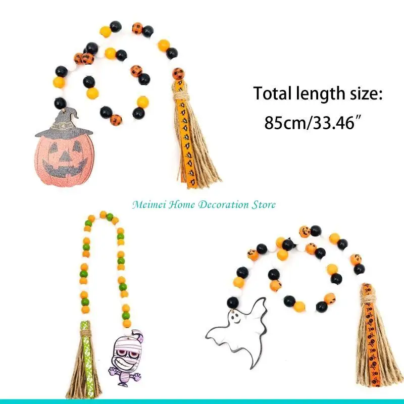 H7BF Halloween Bead Garland with Tassels Farmhouse Beads Rustic Beads