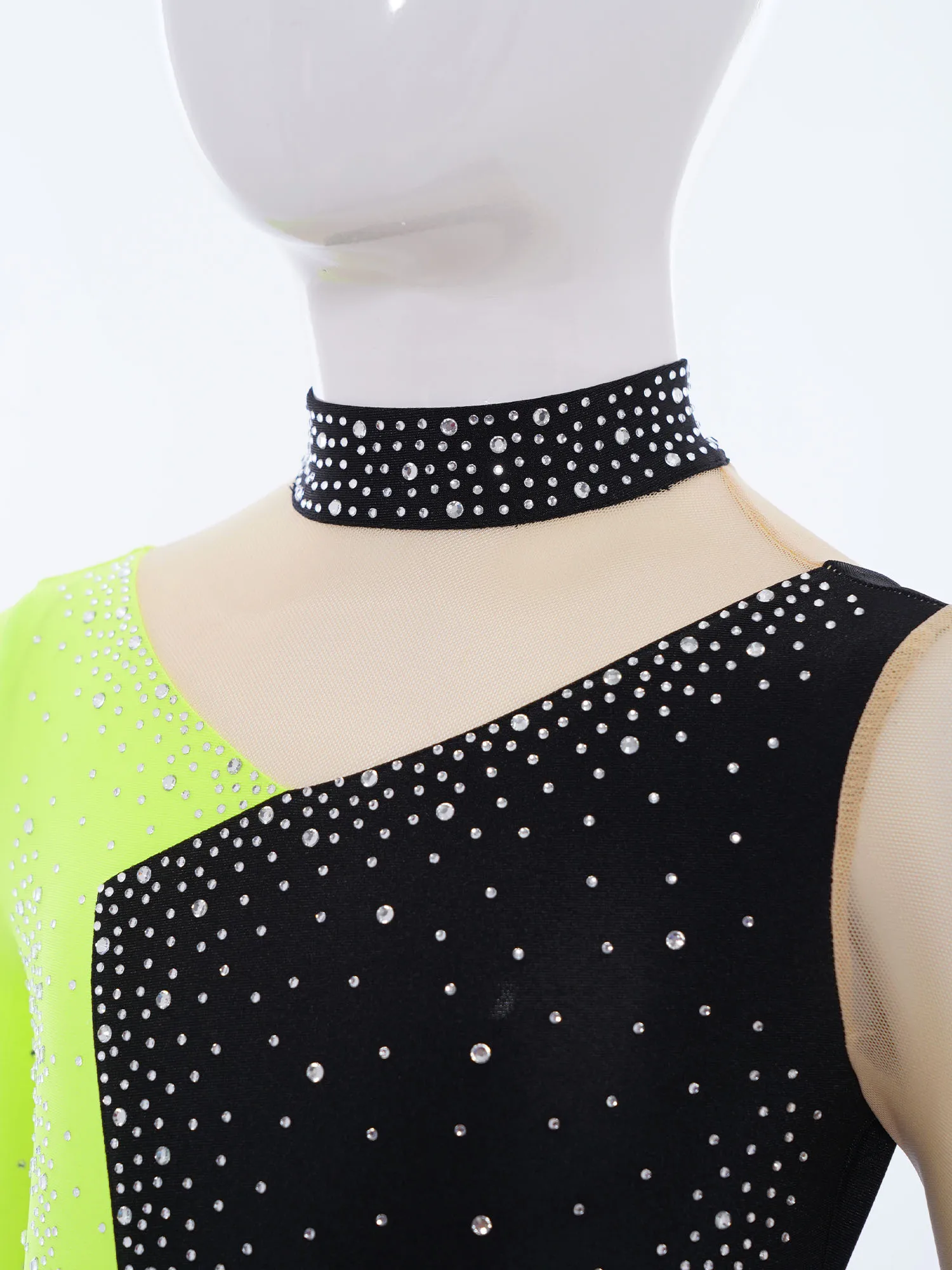 Sukienka do łyżwiarstwa figurowego, baletu, gimnastyki, trykot, sukienka liryczna dla dzieci i dziewcząt, zdobiona cyrkoniami, z blokami kolorów, z przezroczystej siateczki, patchworkowa.