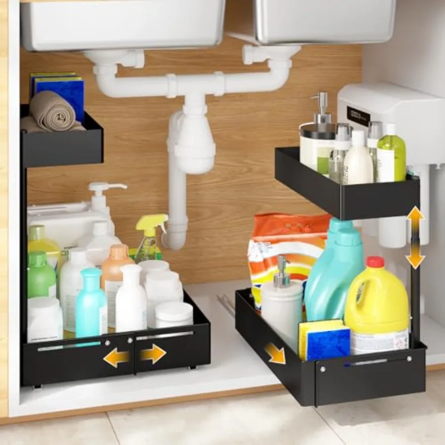 

2Packs Under Sink Organizer with Adjustable Height and Width Under Cabinet Organizer to Tidy Sturdy Metal Design for Kitchen an