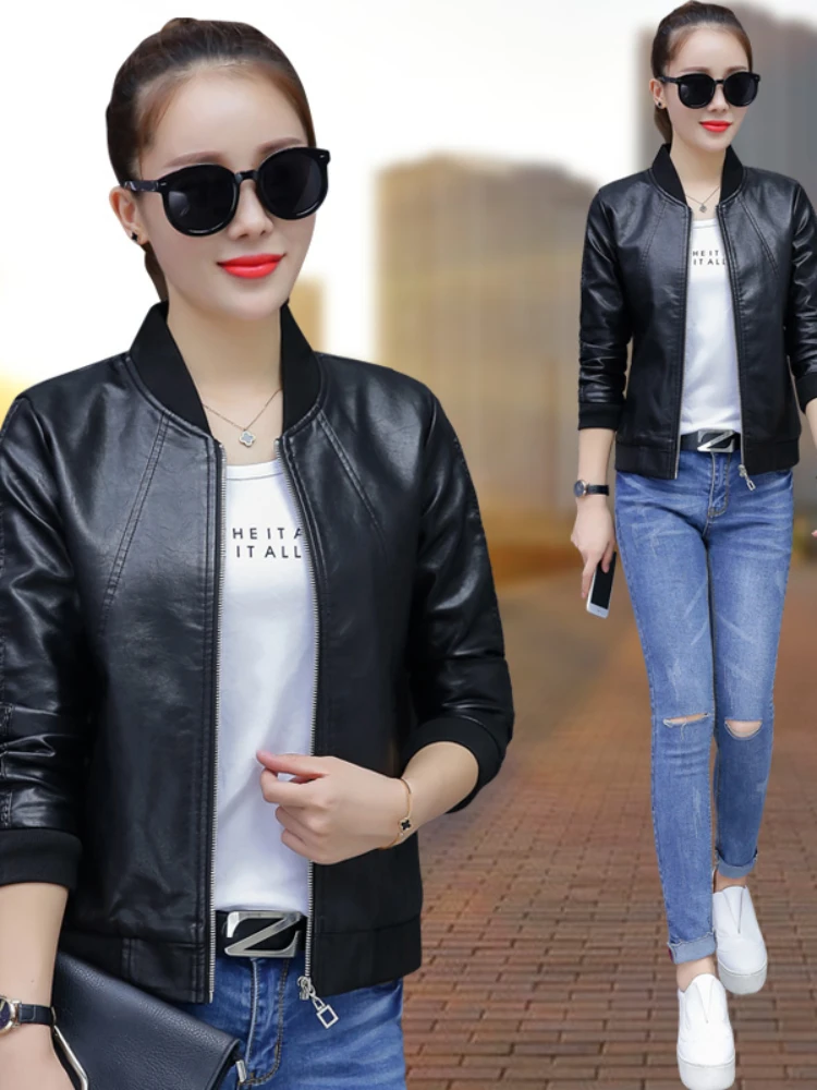 Women Biker Jacket New 2020 Spring Autumn Slim Long Sleeve Zipper Black Faux Leather Coats Female Outwear Ladies Plus Size Coat