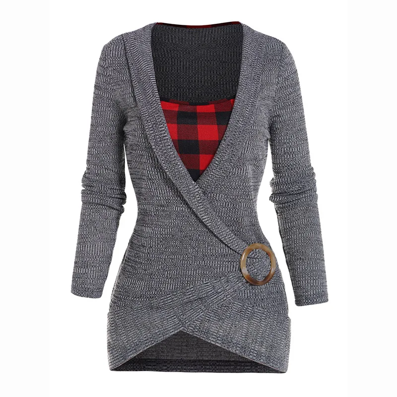 2024 New Womens Plaid Knit Faux Twinset Top O-ring Crossover Long Sleeve Knitted Twofer Top  2 In 1 Long Sleeves Tops