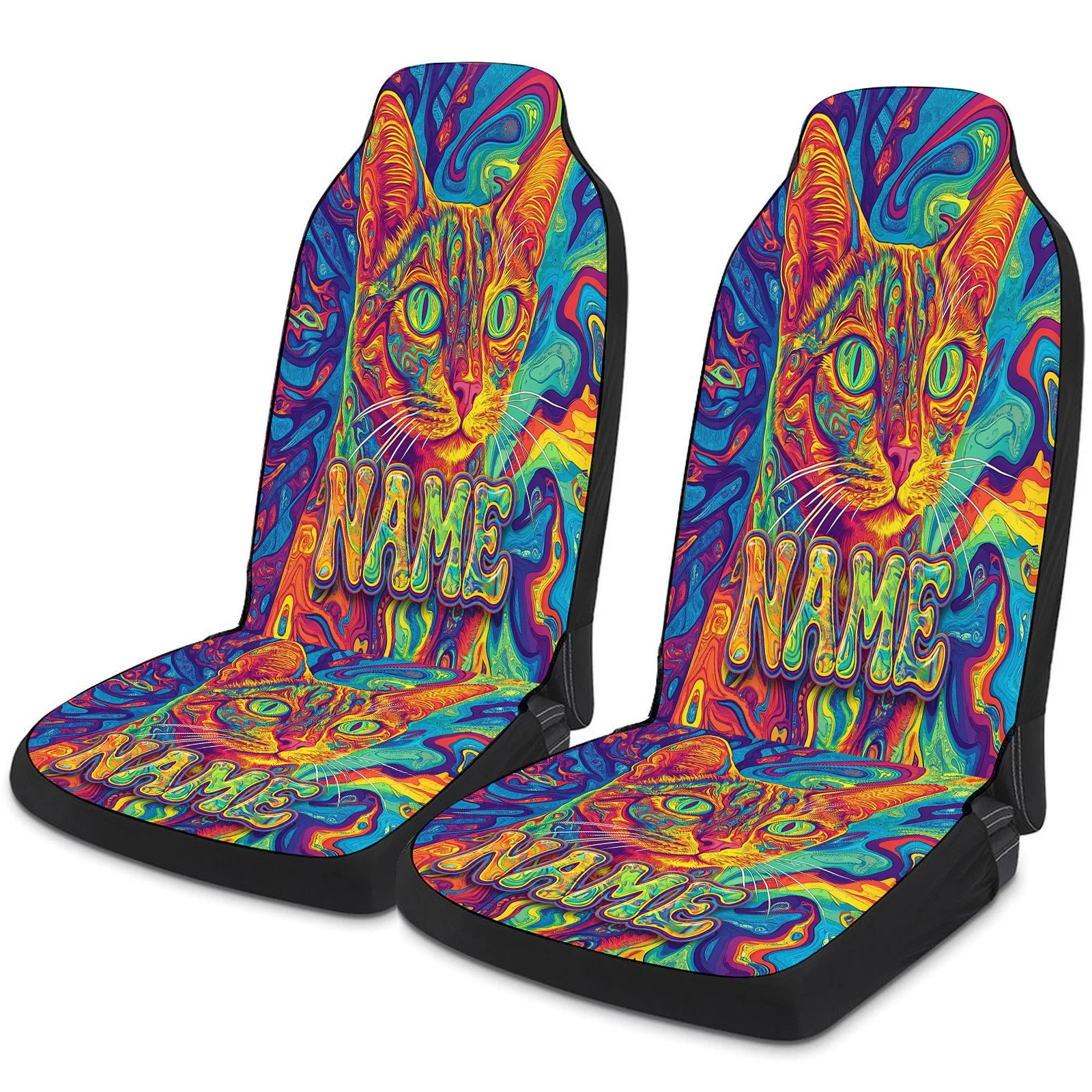 Personalized Psychedelic Cat Car Seat Covers Custom Name/Text Suitable For Most Cars & Trucks, Front Seat Protectors With Name/T