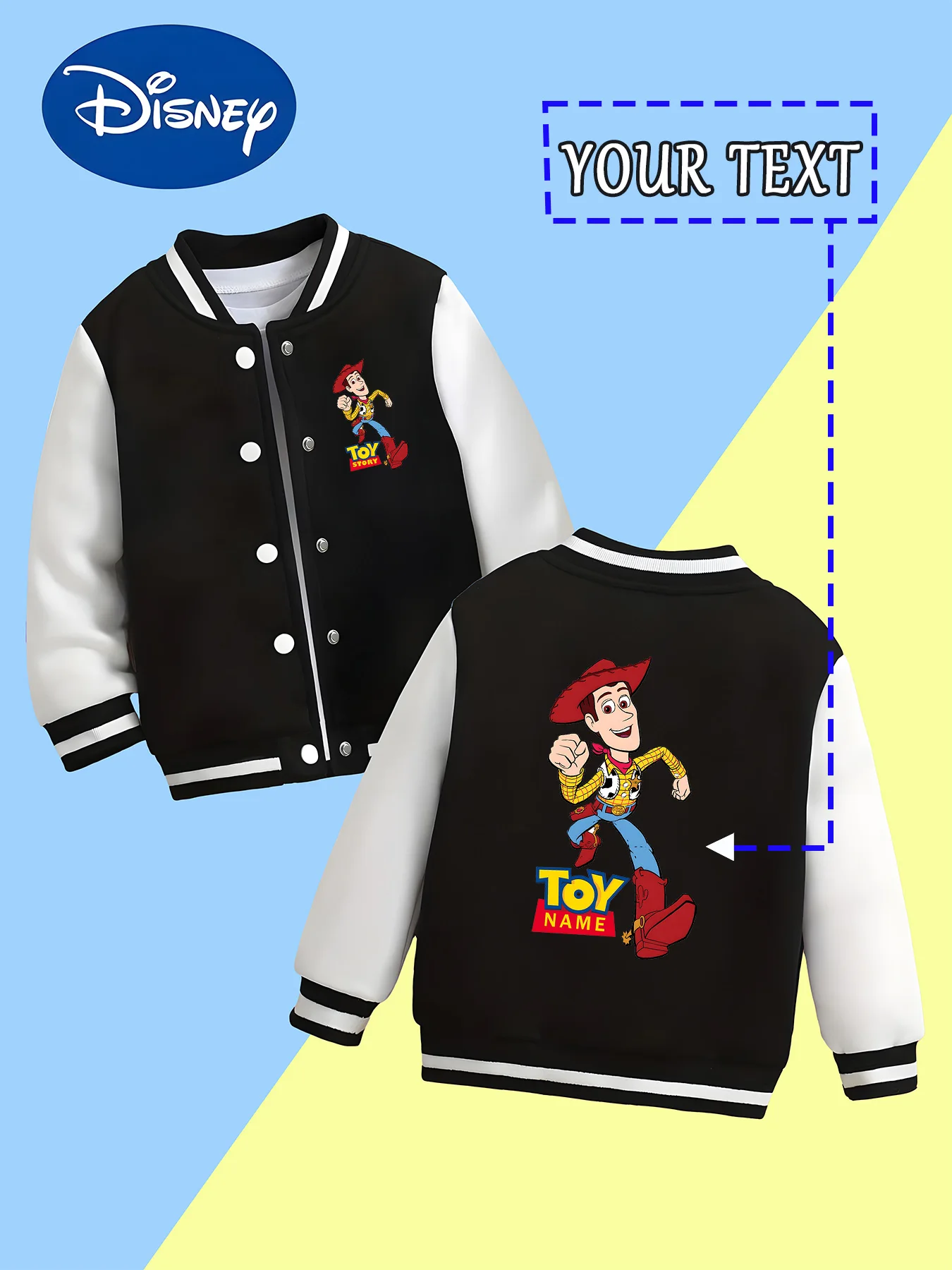 

MINISO Disney Toy Story Woody Boys Baseball Jacket - Woody's energetic run, customizable with a "TOY NAME" design. The simple, t