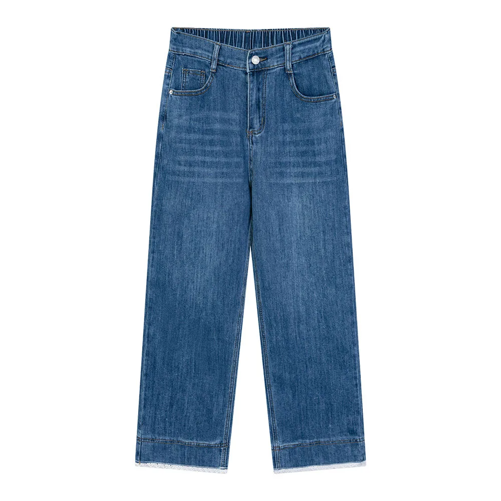 

Весенние джинсы больших размеров, новые стильные джинсовые прямые брюки до щиколотки с высокой талией и кружевом, 100 кг, 2511