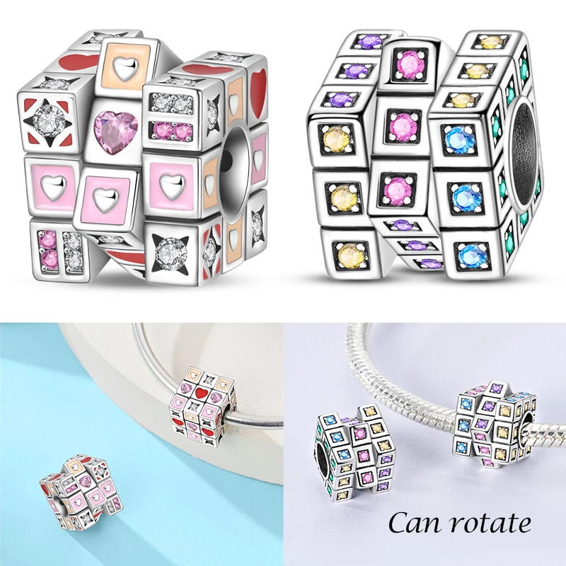 

925 Sterling Silver Rotating Love Magic Cube Charms Bead Colorful CZ Zircon Dangle Fit Original Bracelet DIY Women Jewelry Gift