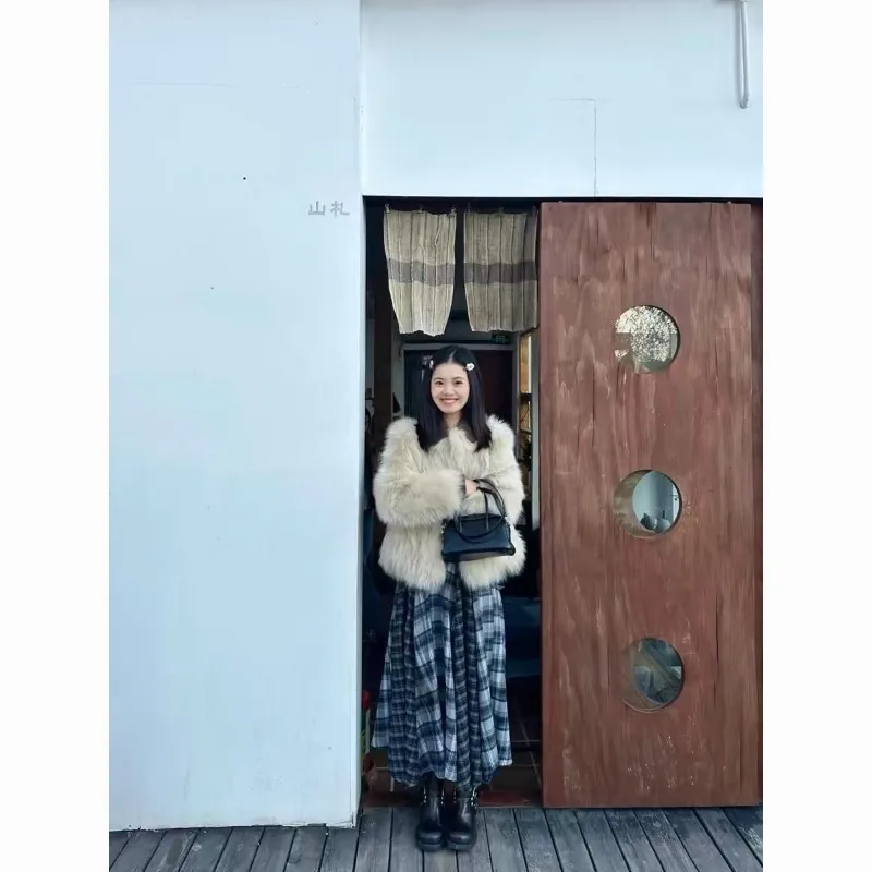 Women's 2026 Spring Korean Preppy Color Block Plaid A-Line Midi Skirt Elastic Waist Petite Loose Fit Casual Versatile Skirt