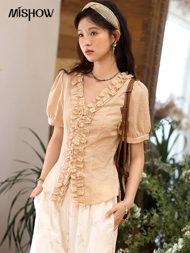 

MISHOW Fashion V-neck Blouse for Women 2025 Summer New Office Lady Puff Sleeve Casual Slim Top Blouse Female Clothing MXE35X1841