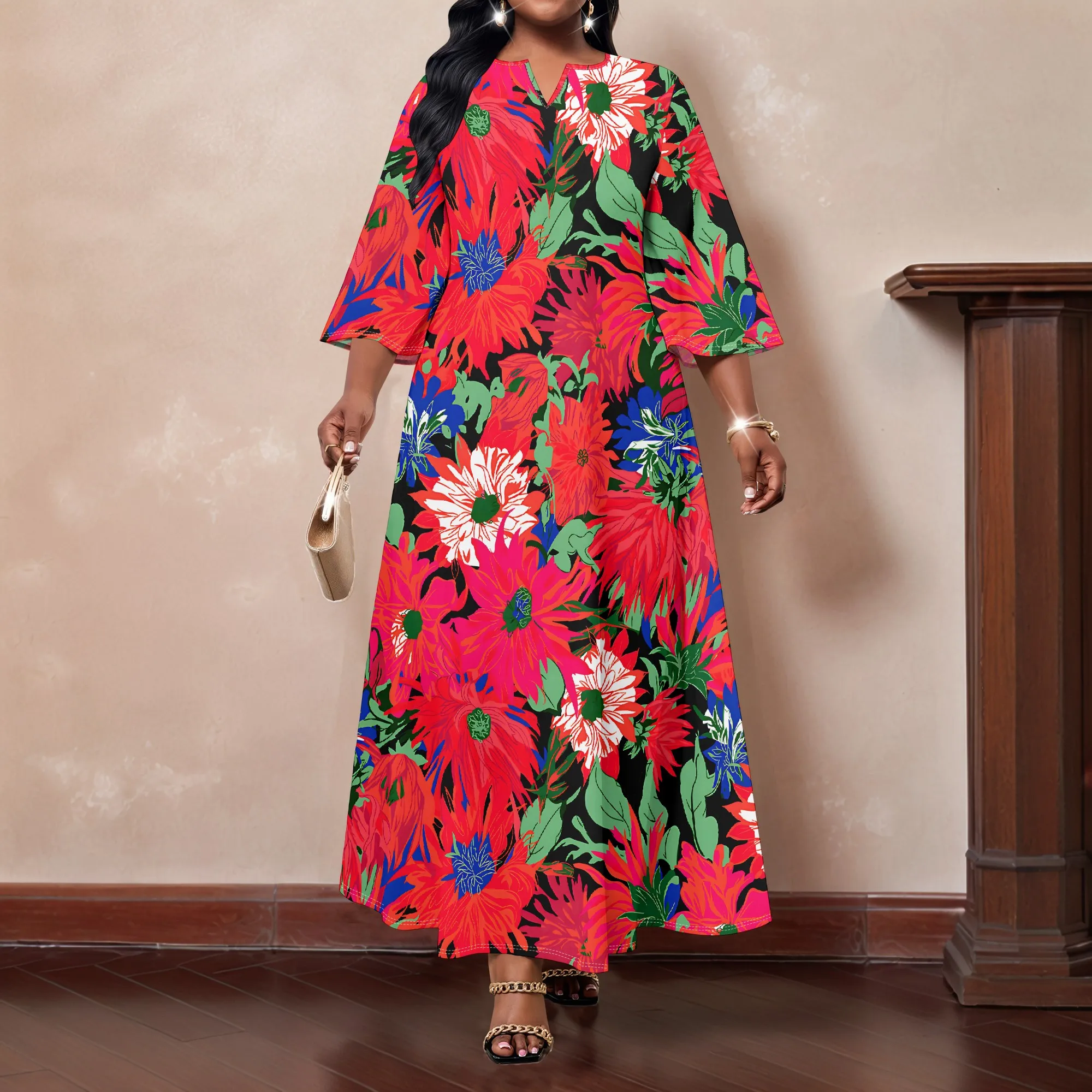 

Женское платье больших размеров средней длины с рукавами, модный маленький V-образный вырез с принтом, домашнее повседневное платье