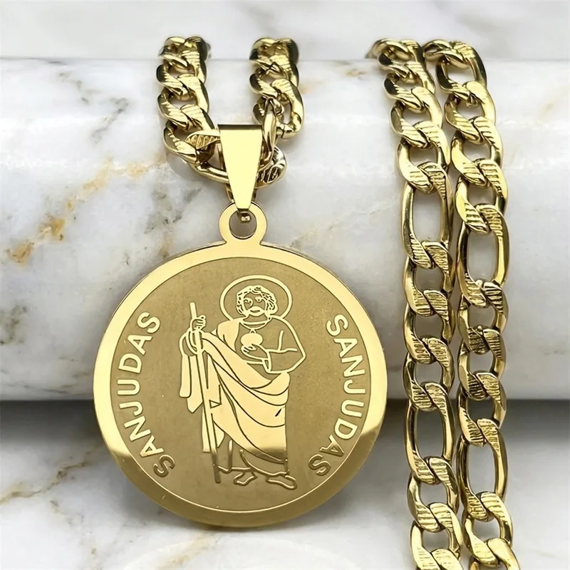 Stainless Steel Vintage Saint Jude Thaddeus Medal Necklace with Cuban Link Chain for Men Religious Faith Jewelry Gift