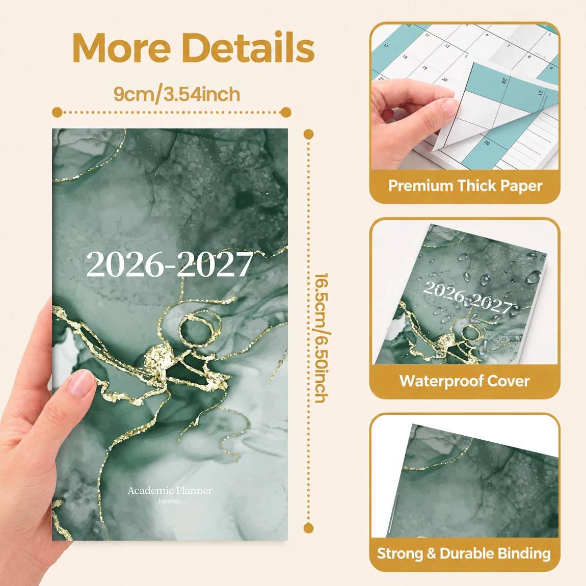 1PC 2026-2027 Monthly Planner, 9x16.5cm Academic Calendar with Notes, Holidays, Thick Paper, Green Marble Cover
