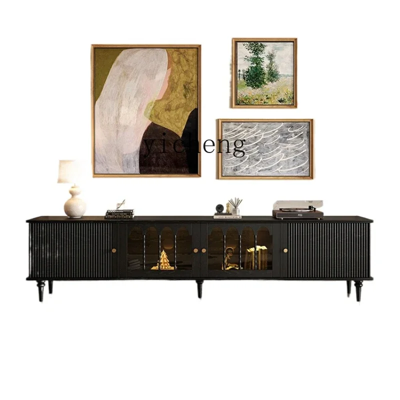 

XL French retro solid wood TV cabinet, living room black walnut light luxury high cabinet