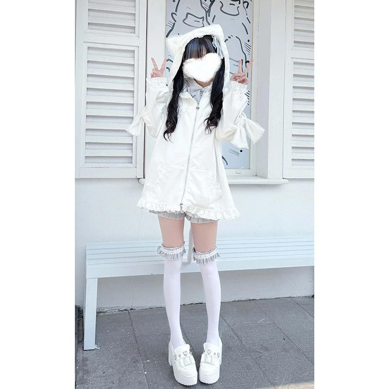 سترات هاراجوكو القوطية ذات الثقافة الفرعية باللون الأسود Y2k معطف أذن لطيف ورائع للنساء لربيع وخريف 2025 قطع علوية فضفاضة جديدة Mujer