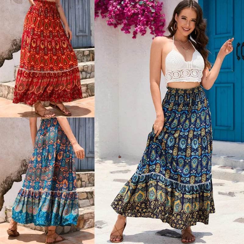 Women's Superior Quality Skirts Summer High Waist Ankle Length Floral Print Retro Casual Vestidos Dropshipping JQMY9129