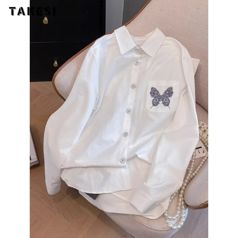 

2024 Summer Casual Style Turn-down Collar Butterfly Print Blouses Korean Women Single Breasted Loose Fit Chic Long Sleeve Shirts