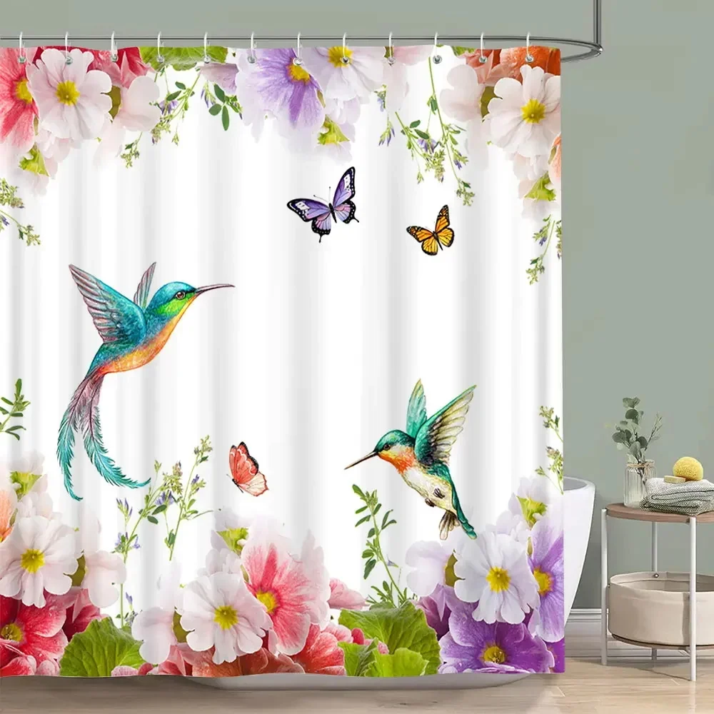 Floral Butterfly Shower Curtain Green Leaves Watercolour Flower Plants Hummingbirds Modern Bathroom Decor Fabric Bath Curtains