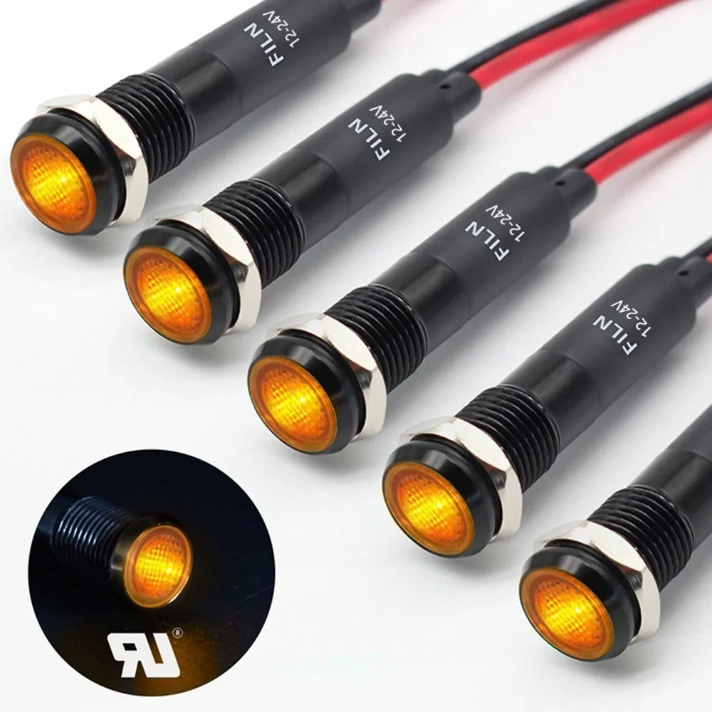 5 sztuk/partia 8mm Metalowa Lampa Ostrzegawcza LED IP65 Wodoodporna 12-24VDC/110-220VAC Do Montażu Panelowego, Sygnalizacyjna Lampka do Deski Rozdzielczej w Łodzi/Samochodzie