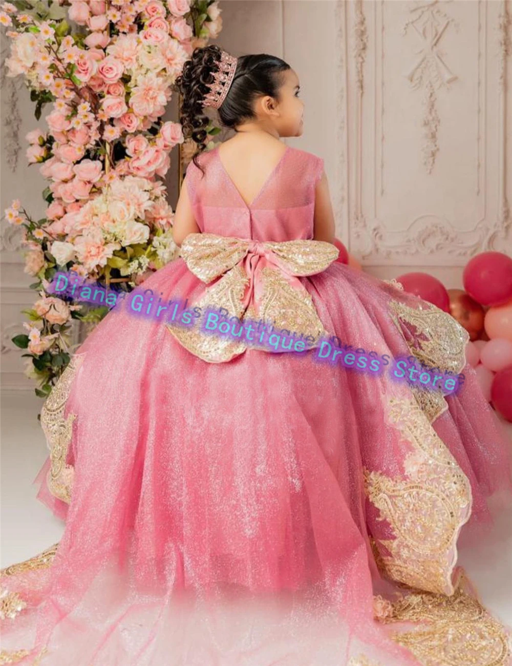 Gorgeous Flower Girl Dress Pink Tulle Fluffy Luxury Gold Appliques Wedding Kids Birthday Party Evening Dresses Customised Gowns