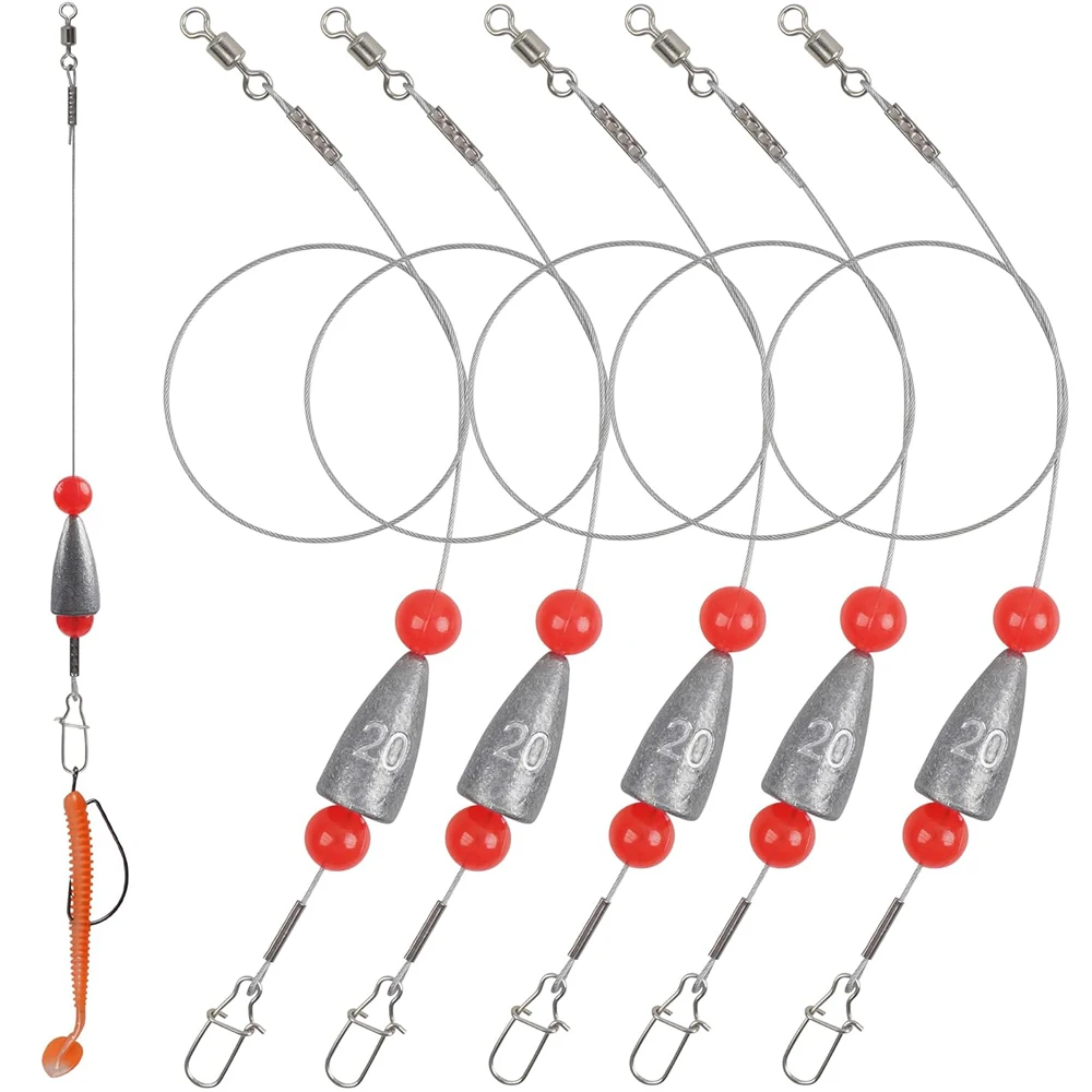 10 قطعة مجموعة أدوات كارولينا الجاهزة تتضمن 5 قطعة قادة الصيد الفولاذية مع ثقالة الرصاص يدور أدوات كارولينا و5 قطعة من طُعم الدودة #1