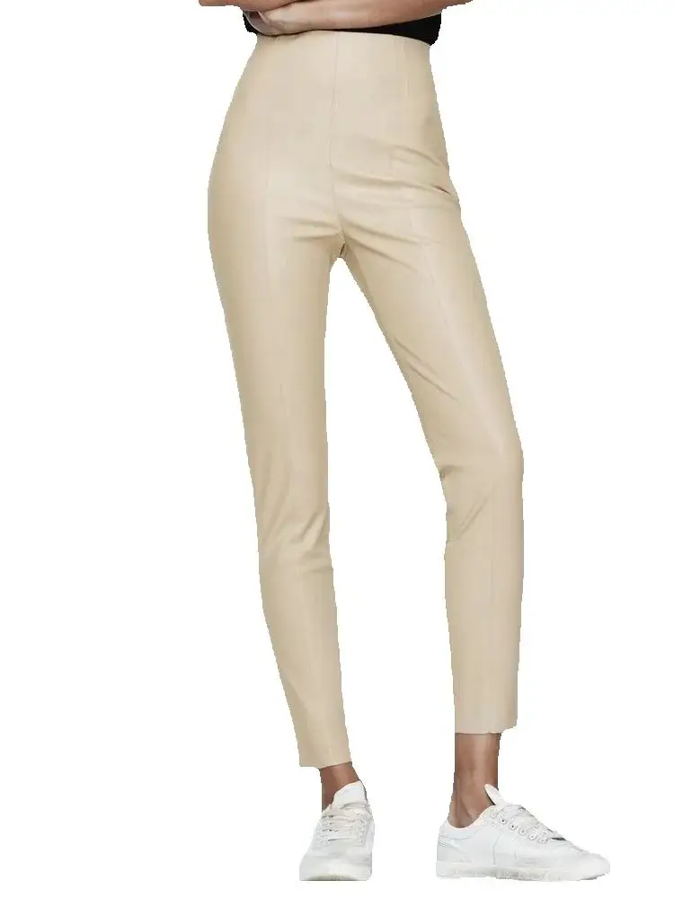 Spodnie damskie Casual Retro High Waist Faux Leather Skinny Trousers Office Lady Fashion Elastic Fleece Beige PU Slim Fit Pencil Pants