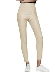 Women's Casual Retro High Waist Faux Leather Skinny Trousers Office Lady Fashion Elastic Fleece Beige PU Slim Fit Pencil Pants