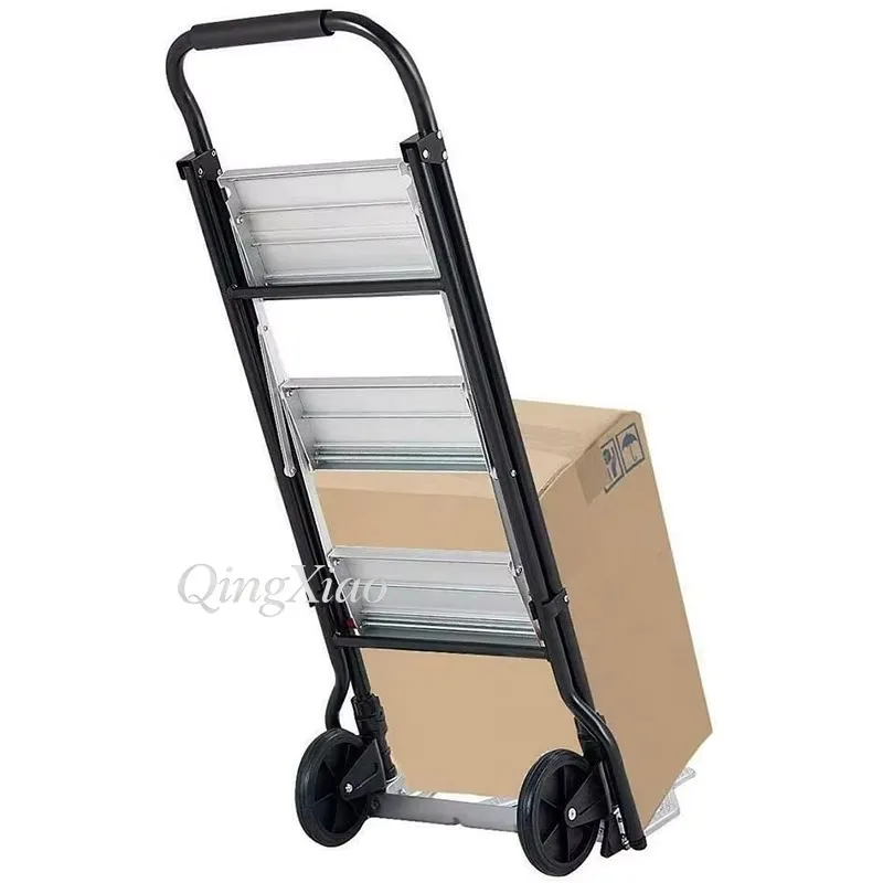 Small Foldable Two Step Ladder Hand Trolley With Pneumatic Wheels 80 Kg Loading Capacity For Warehouse Daily Tools Carrying Work