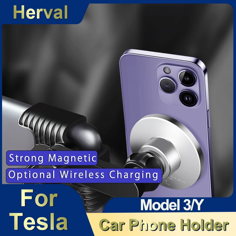 Herval for Tesla Model 3/Y/S/X Car Phone Holder Floating Screen  360°Rotation wireless charging Car Navigation Magnetic Suction