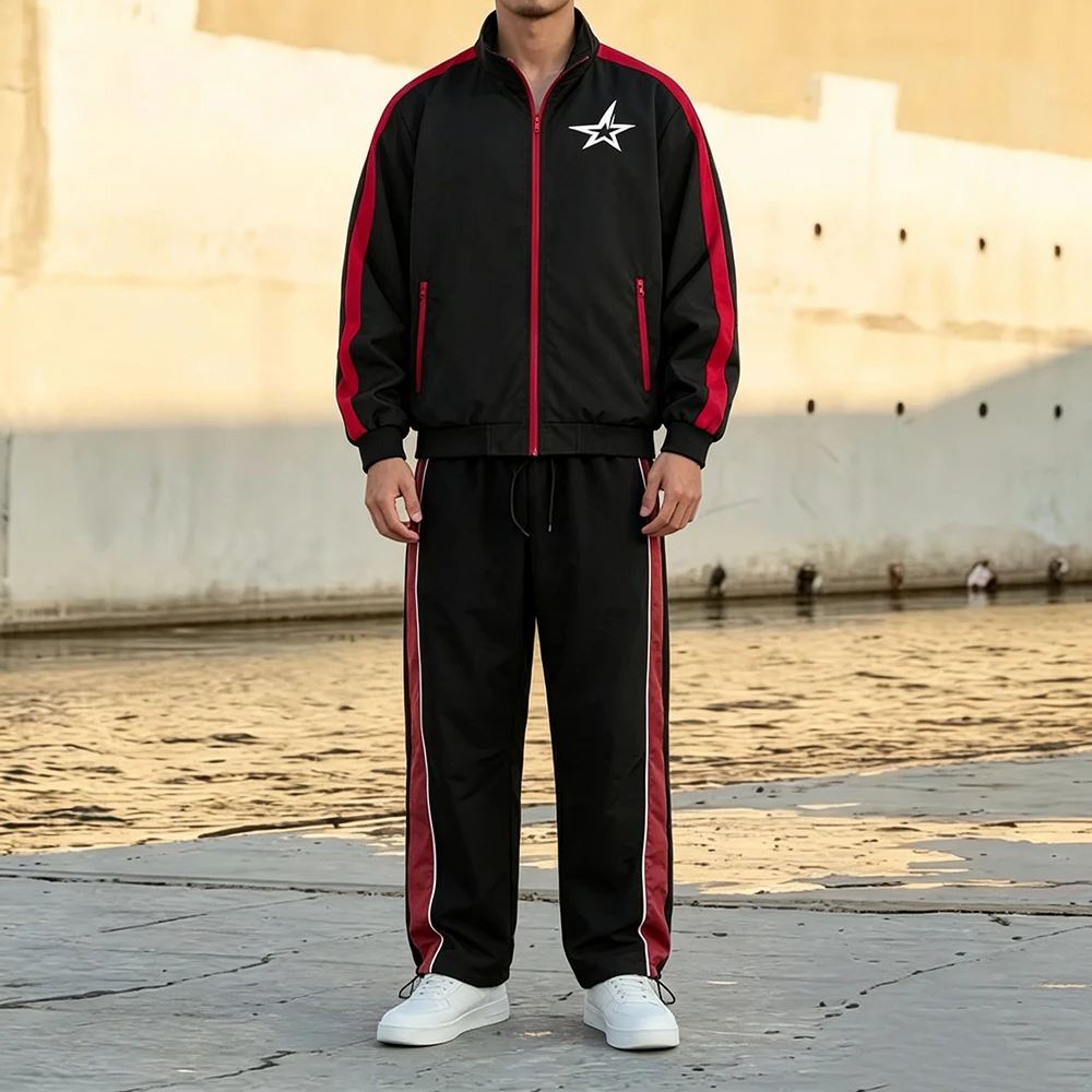 Conjunto Casual para Hombre con Bloques de Color, Chaqueta con Cremallera Completa y Cuello Alto, Pantalones con Cordón en el Bajo y Estampado de Pentagrama en Capas