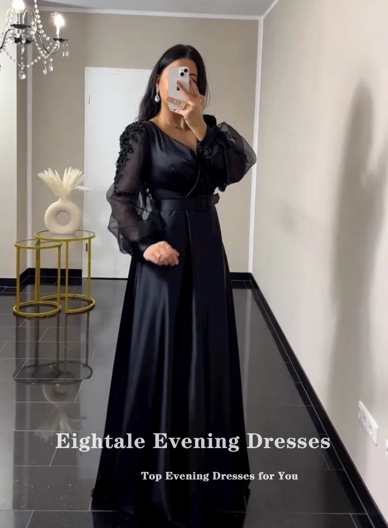 Eightale Black Evening Dresses Customized V-Neck Long Sleeves Satin A-Line Prom Gown Wedding Party Dress Ballkleider Robe Soirée