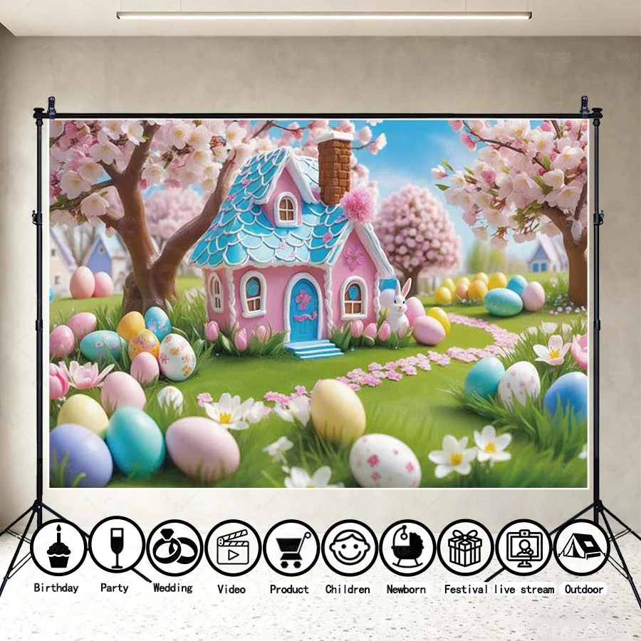 

MOON.QG Backdrop Easter Candy House Village Cherry Blossom Tree Props Cottages Photography Background Photozone Photobooth