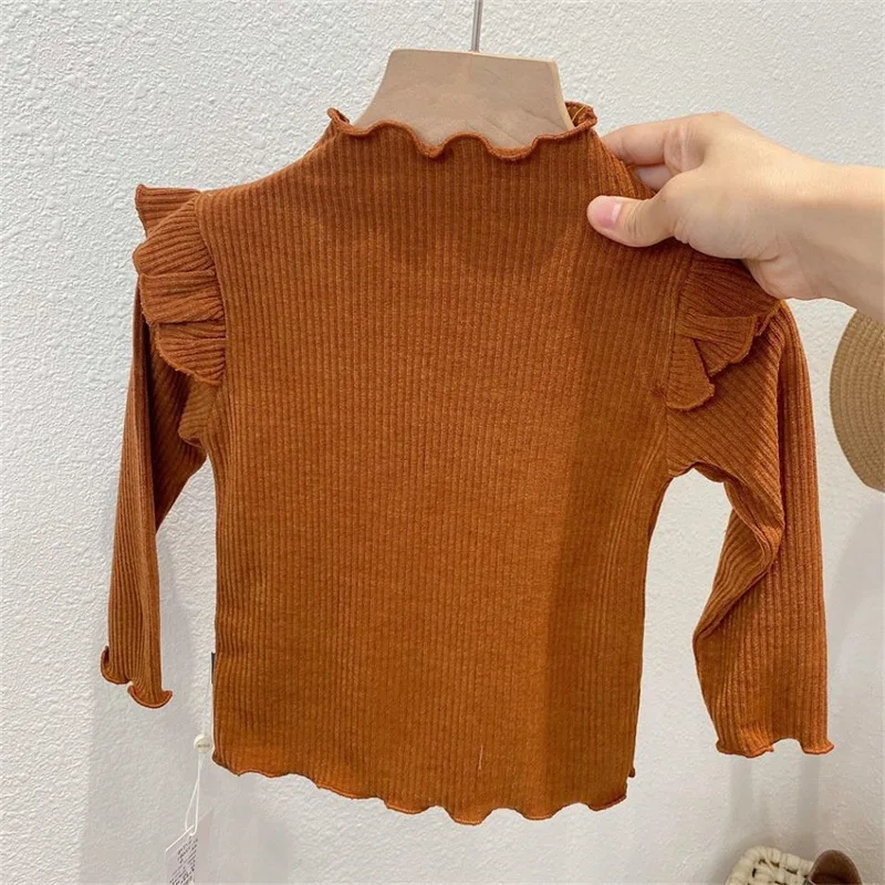 Girls' bottoming shirt, fungus edge fly-sleeved stand-up collar top T-shirt 2024 spring new children's clothing fashion