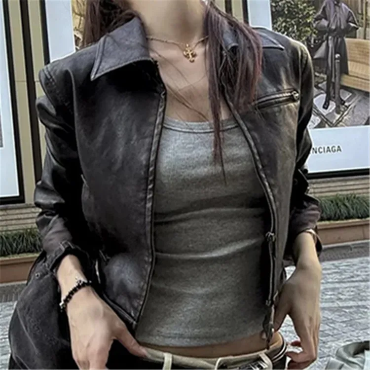 المرأة دراجة نارية نمط قصير بولي Leather سترة جلدية الرجعية فتاة الخريف بلوزة قصيرة غير رسمية الإناث طويلة الأكمام بلون معطف الشتاء