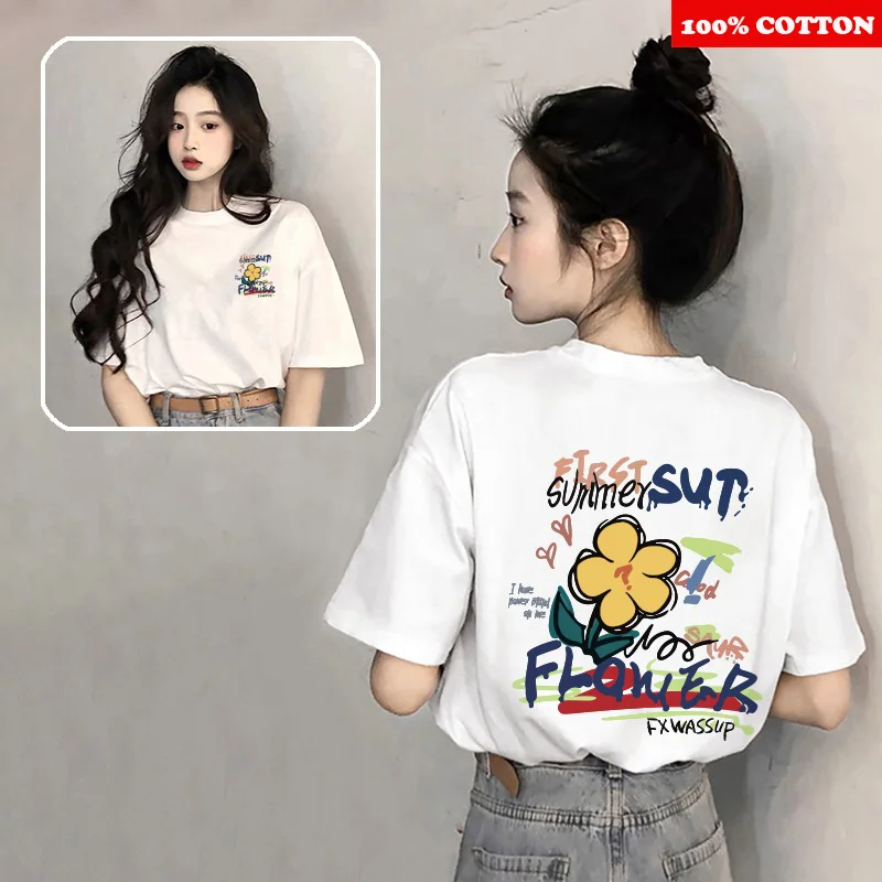 White Pure cotton Short sleeved T-shirt Women Summer 2025 New 100% Cotton Korean Flower Print Loose Tee Y2k Tops Female clothing