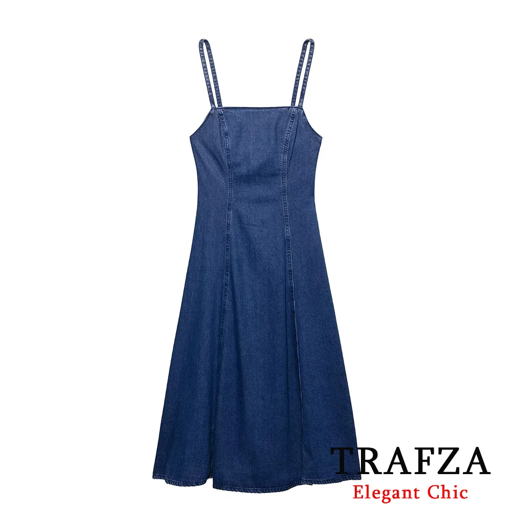 TRAFZA Vrouwen Casual Cami Denim Jurk Backless Mouwloos Patchwork Rits Midi Jurk Nieuwe 2023 Lente Zomer Mode Jurk