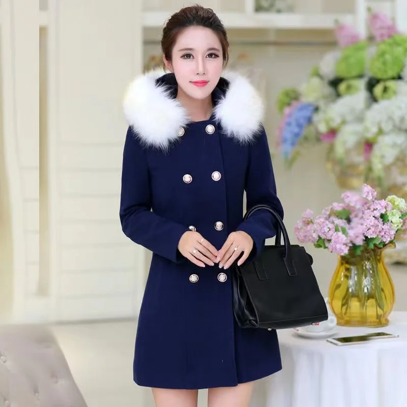 2024 New Woolen Korean Winter Jacket Women Wool Coat Hooded Fur Collar Long Coat Female Fashion Double-Breasted Womens Jackets