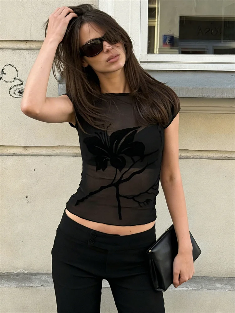 

Tossy Black Summer Printed T-Shirts Top For Women See-Through Short Sleeve Patchwork Casual Top Female Sexy Cropped Tee Pullover