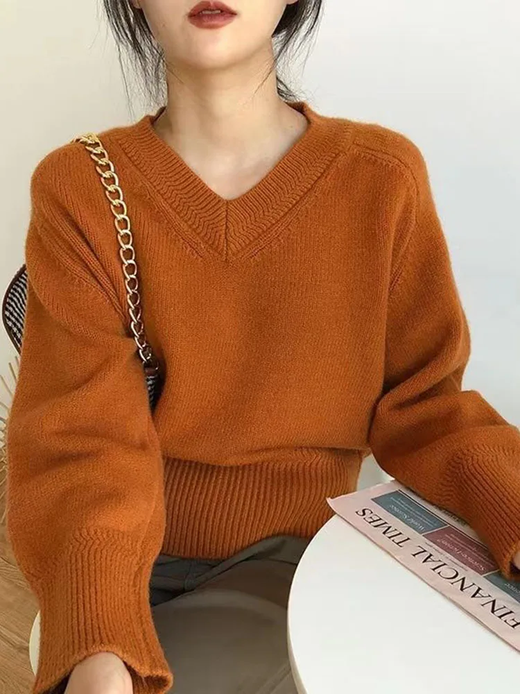 Zoki Vintage Japan Loose Sweaters Women Lazy Wind Solid Knitted Pullovers Female Long Sleeve V Neck All Match Sweet Jumper Tops