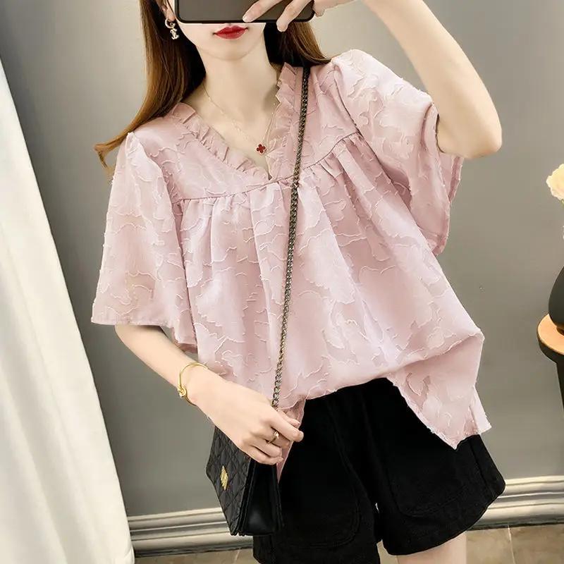 Fashion V-Neck Ruffles Spliced Blouse Women\'s Clothing Loose Casual Folds Summer All-match Solid Color Chic Jacquard Weave Shirt