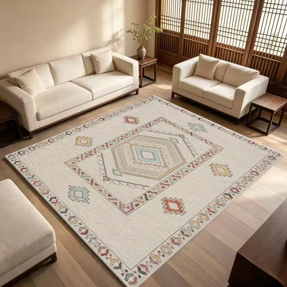 Southwestern Boho Tribal Square Area Rug Retro Geometric Diamond Non-Slip Floor Carpet for Living Room Bedroom Home Decor
