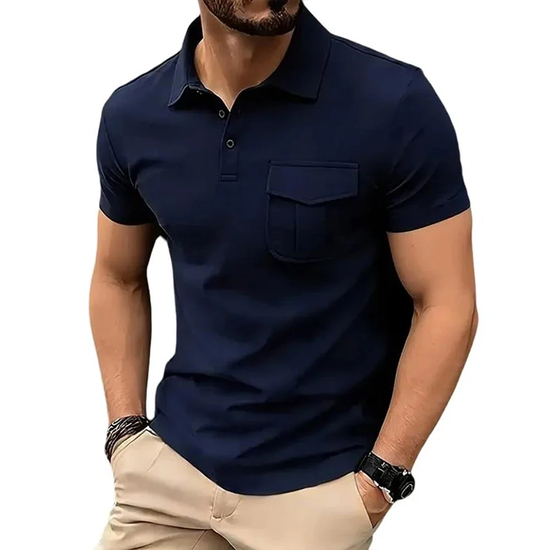 Summer Men's Solid Pocket Polo Shirts Short Sleeve Breathable T-Shirt Contrast Color Casual Lapel Collar Streetwear Basic Top