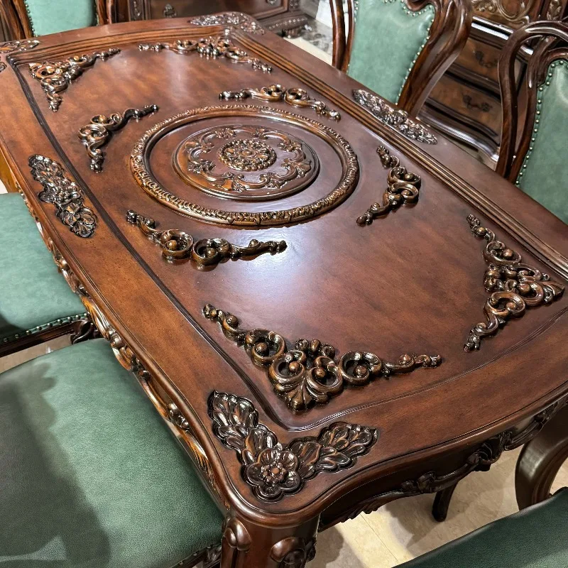 American walnut solid wood carving flower rectangular dining table and chair combination 1.6 meters rectangular 6 people eating