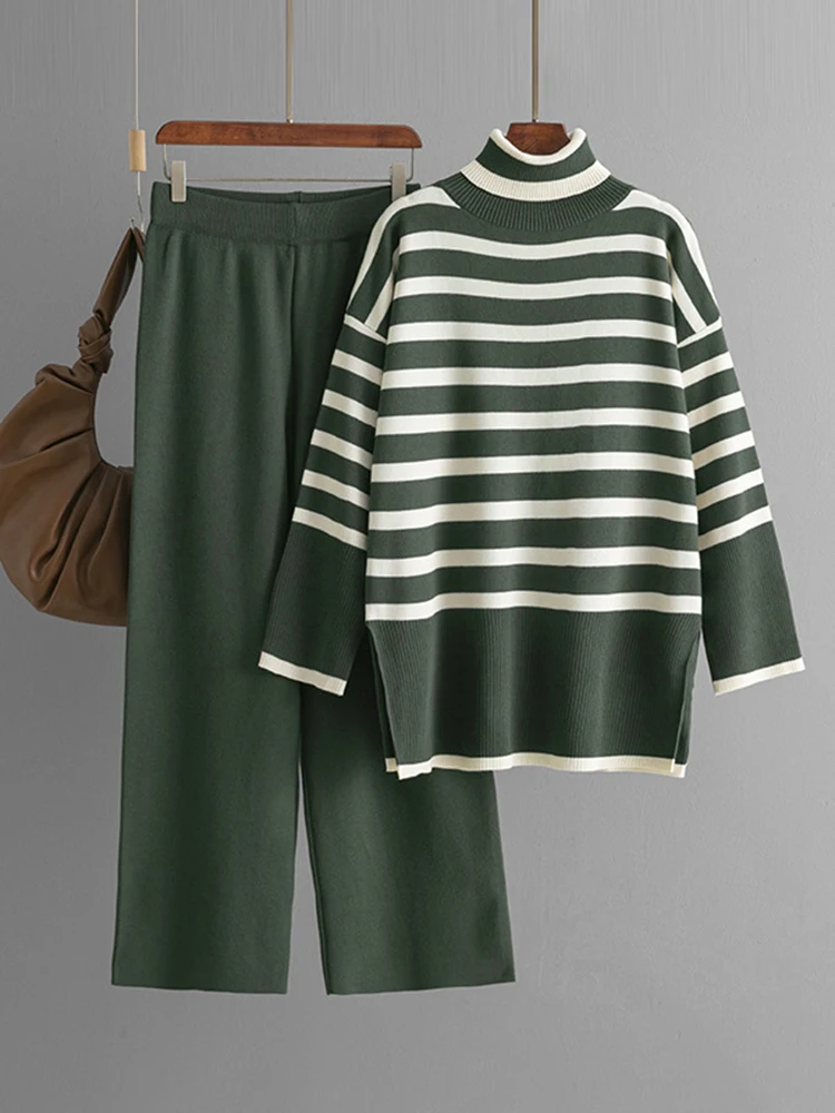 [EAM] Big Size Striped Sweater Wide Leg Pants Two Piece Suit New Turtleneck Long Sleeve Women Fashion Spring Autumn 2024 1DH8170