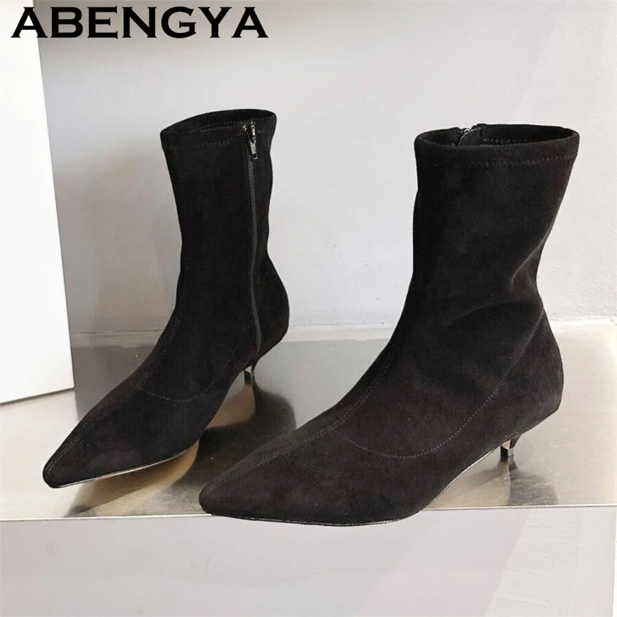 

2025 Winter New Elastic Slim Ankle Boots Women Elegant Pointy Toe Knee High Boots Brown Black Suede Kitten Heel Women's Booties